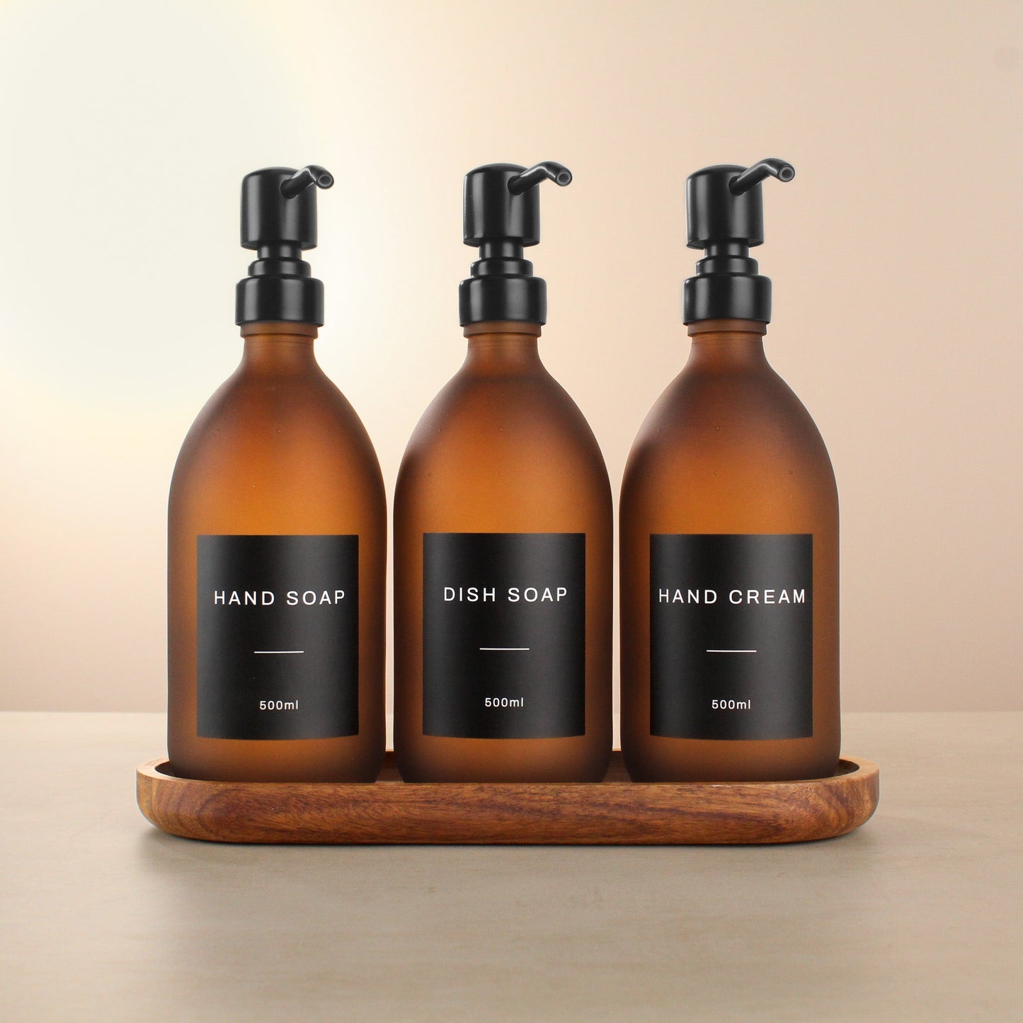 Namie Frosted Amber Glass Soap Dispenser Triple Set with Acacia Wood Tray