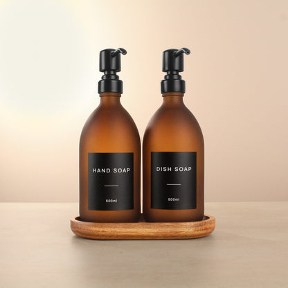 Namie Frosted Amber Glass Soap Dispenser Double Set with Acacia Wood Tray
