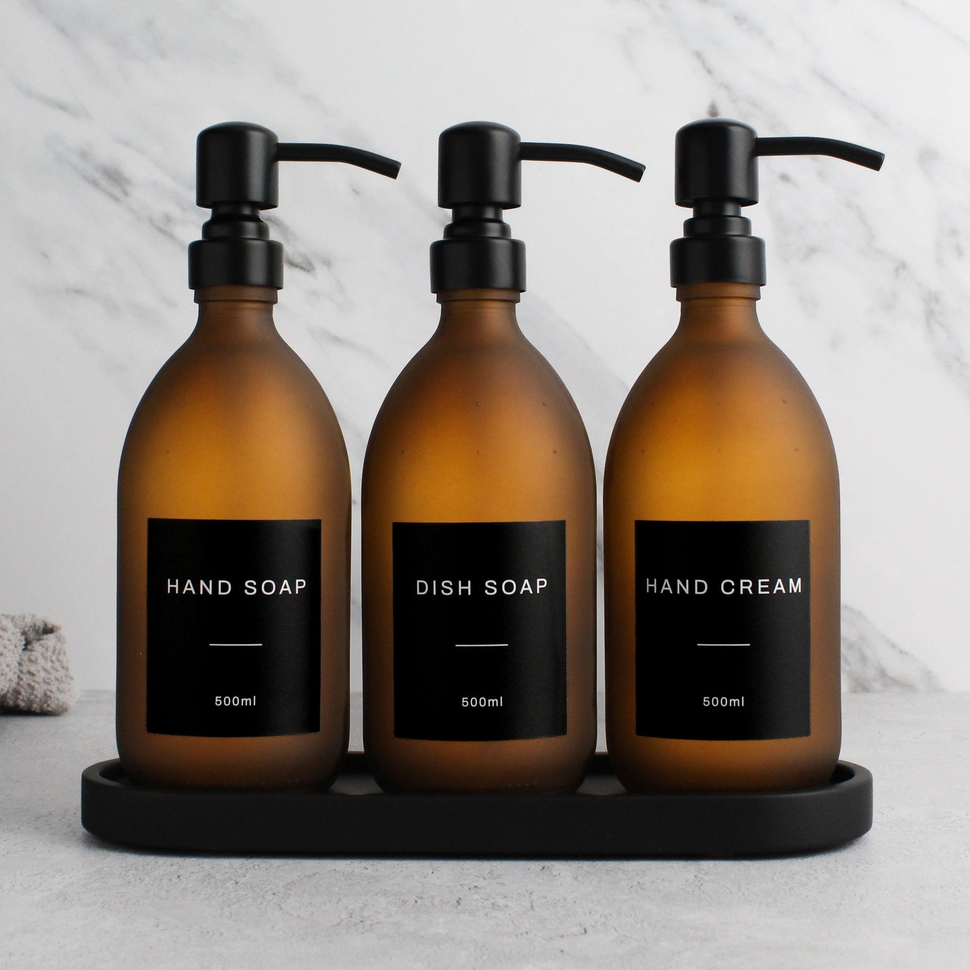 Namie Black Tray & Frosted Amber Glass Dispenser Triple Set