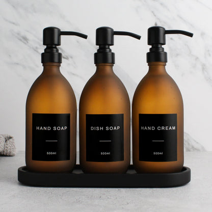 Namie Black Tray & Frosted Amber Glass Dispenser Triple Set