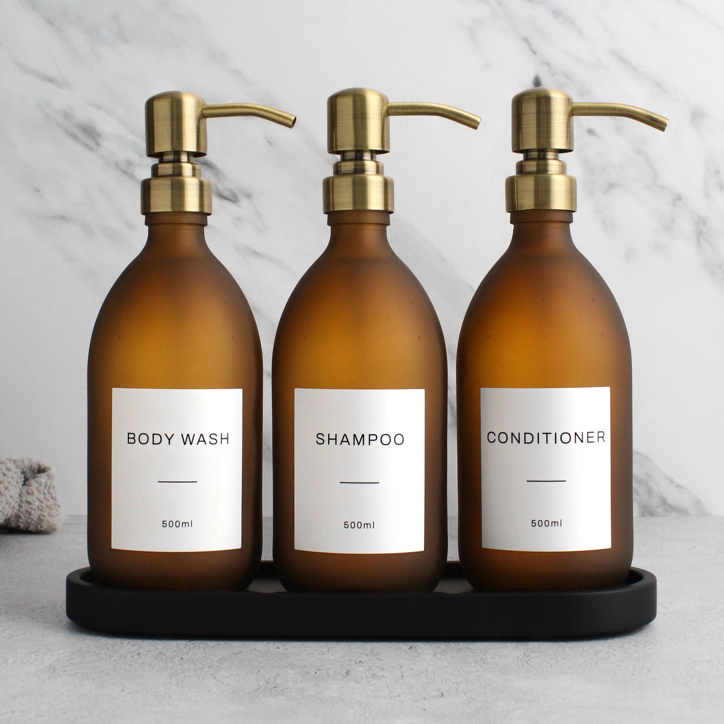 Namie Black Tray & Frosted Amber Glass Dispenser Triple Set