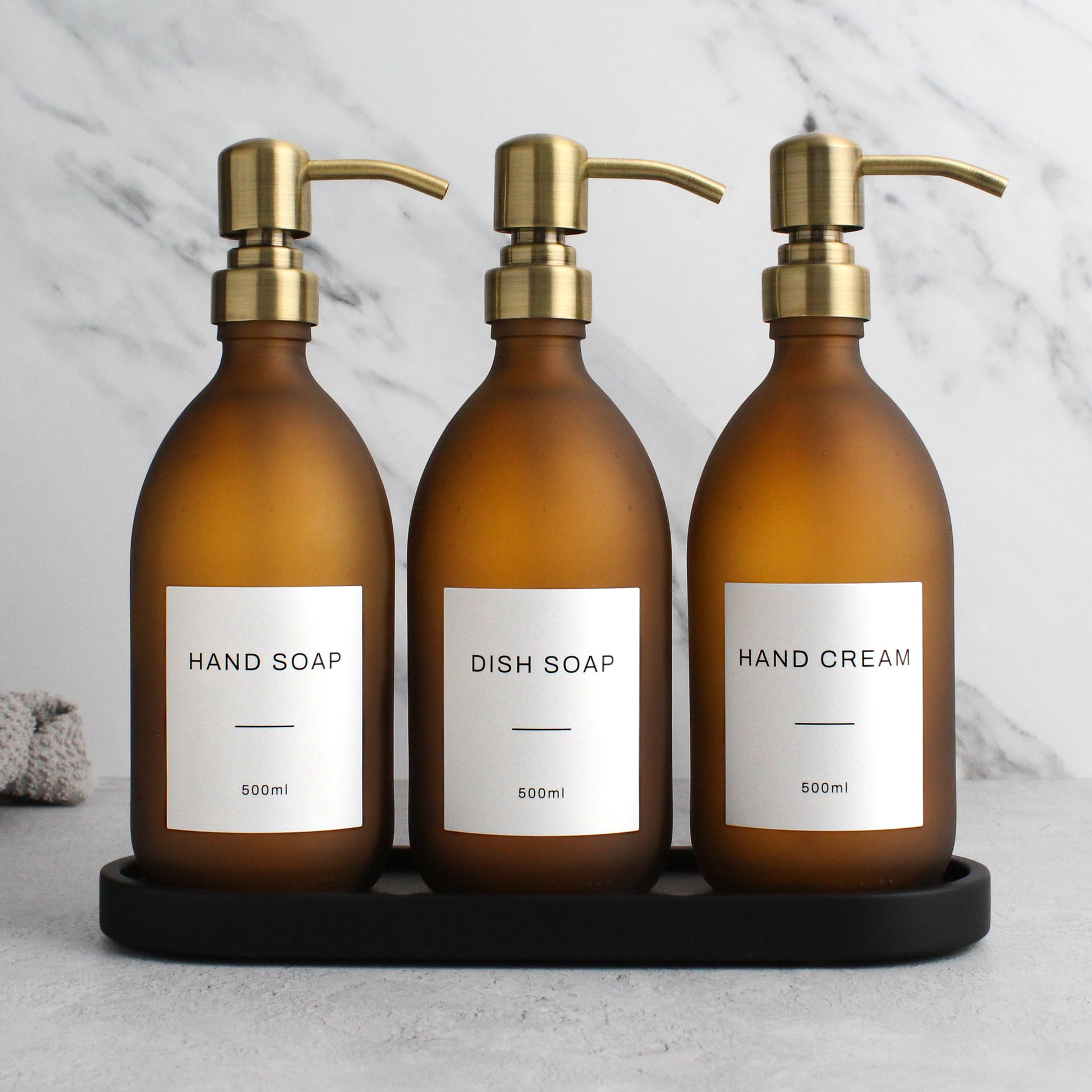 Namie Black Tray & Frosted Amber Glass Dispenser Triple Set