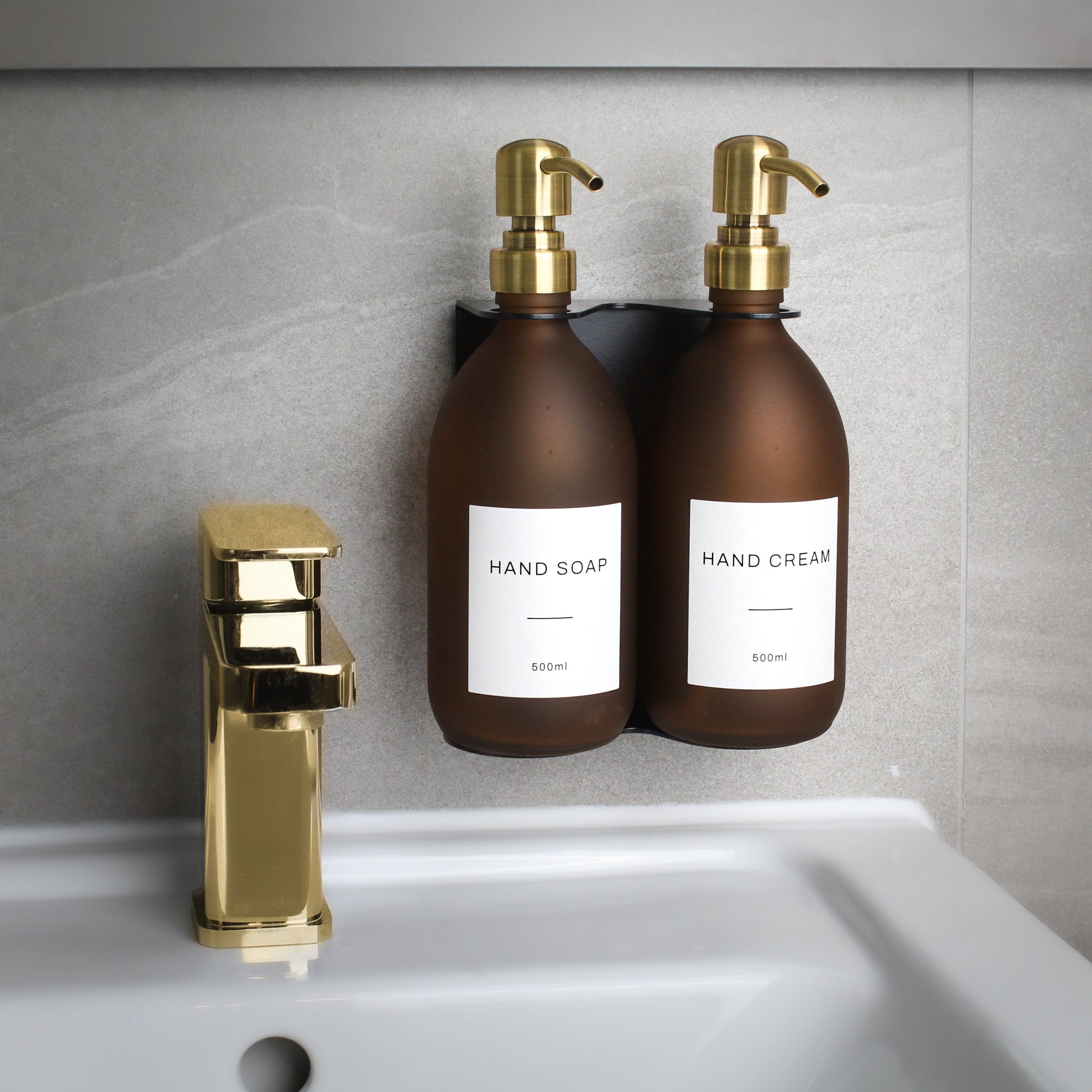 Namie Matte Black Wall Mounted Dispenser Bracket Set with Frosted Amber Glass Bottles