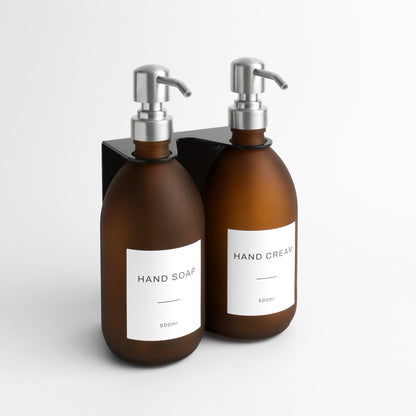 Namie Matte Black Wall Mounted Dispenser Bracket Set with Frosted Amber Glass Bottles