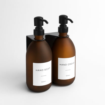 Namie Matte Black Wall Mounted Dispenser Bracket Set with Frosted Amber Glass Bottles
