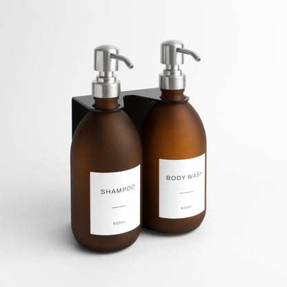 Namie Matte Black Wall Mounted Dispenser Bracket Set with Frosted Amber Glass Bottles