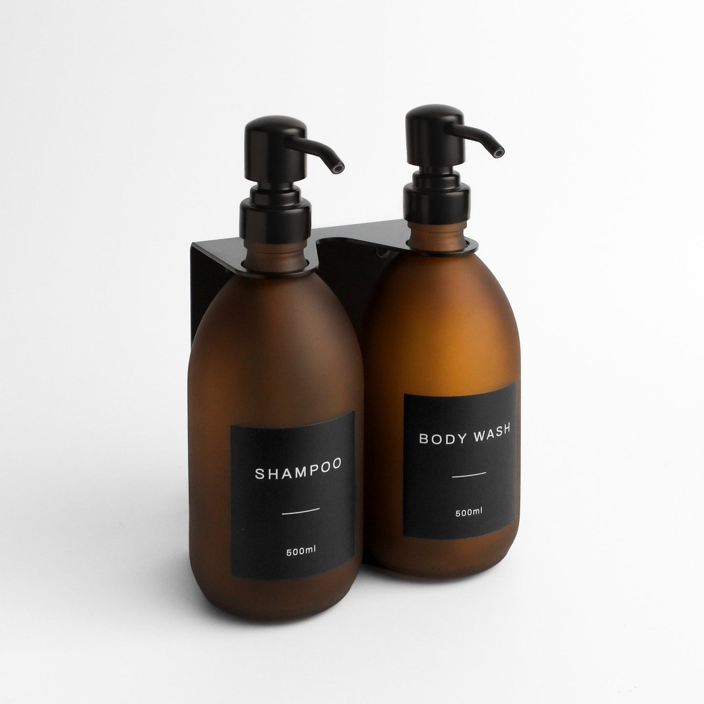Namie Matte Black Wall Mounted Dispenser Bracket Set with Frosted Amber Glass Bottles