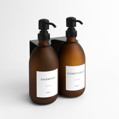 Namie Matte Black Wall Mounted Dispenser Bracket Set with Frosted Amber Glass Bottles