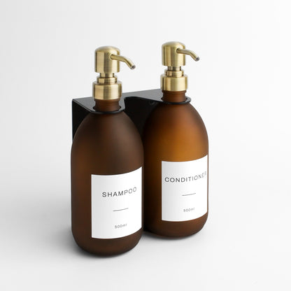 Namie Matte Black Wall Mounted Dispenser Bracket Set with Frosted Amber Glass Bottles