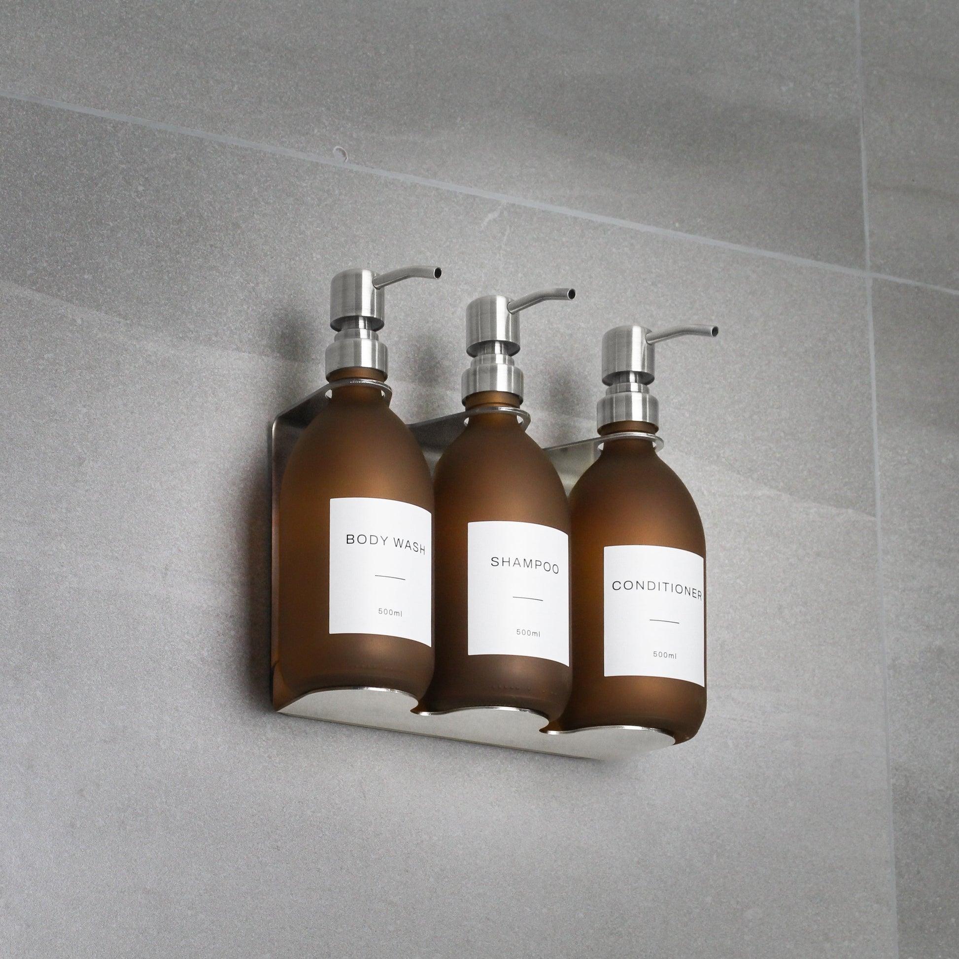 Namie Stainless Steel Adjustable Wall Bracket & Frosted Amber Glass Dispenser Set