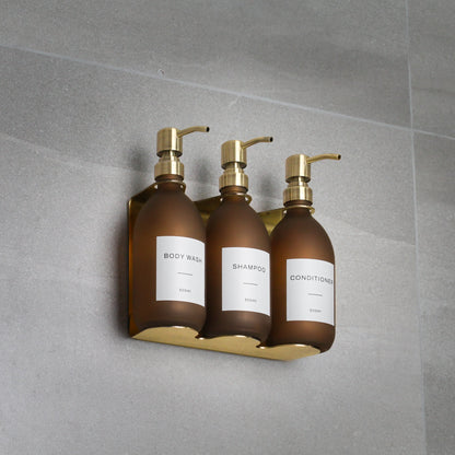 Namie Gold Wall Mounted Dispenser Bracket Set with Frosted Amber Glass Bottles