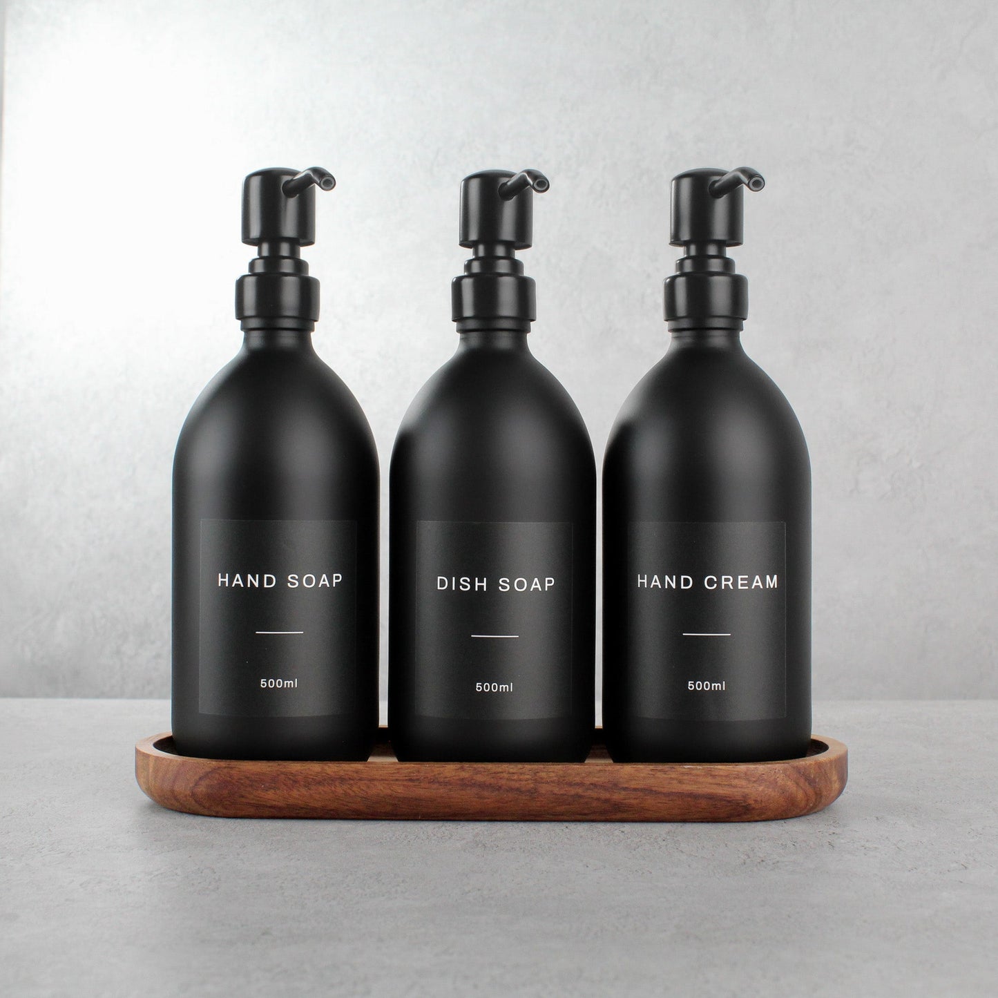 Namie Matte Black Glass Soap Dispenser Triple Set with Acacia Wood Tray