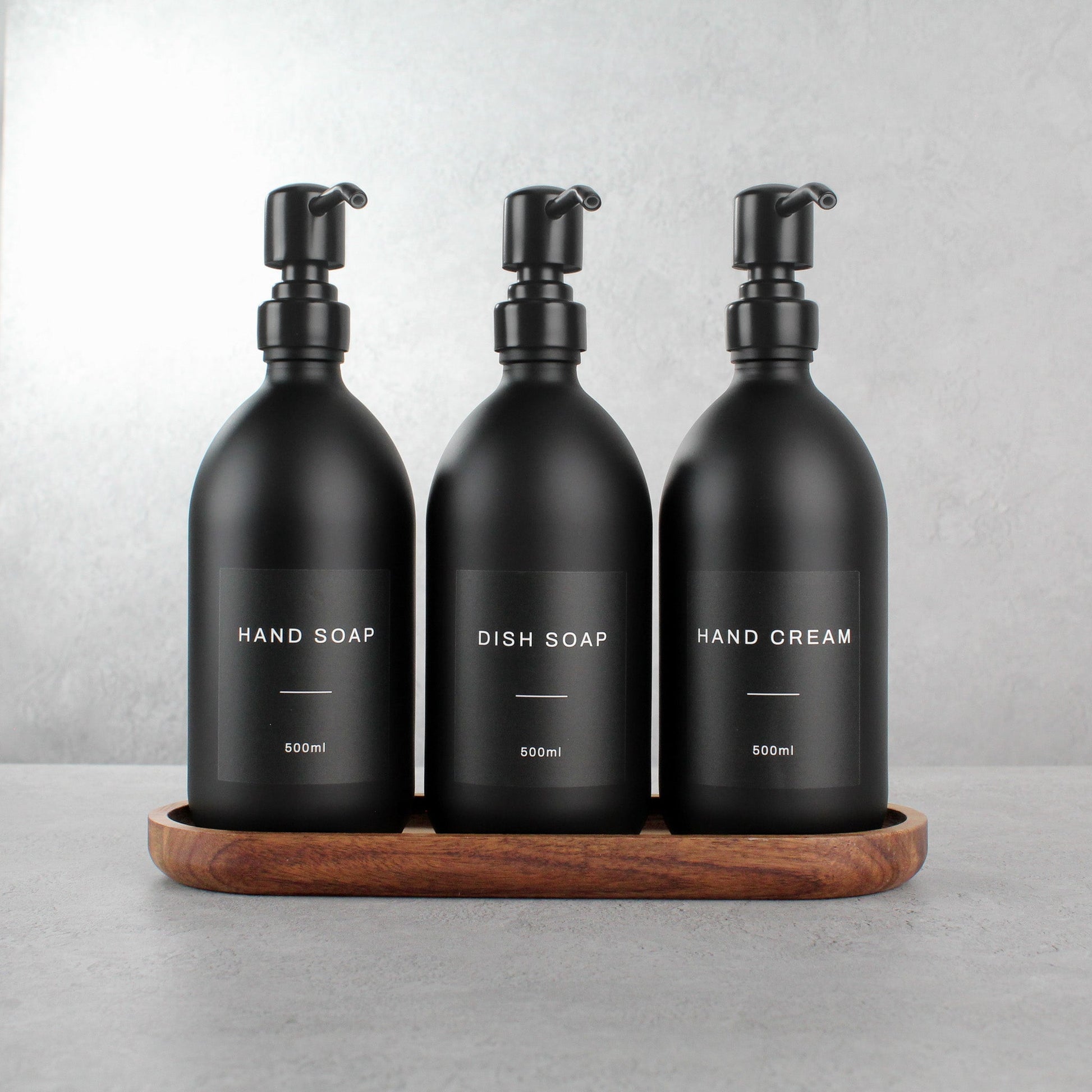 Namie Matte Black Glass Soap Dispenser Triple Set with Acacia Wood Tray