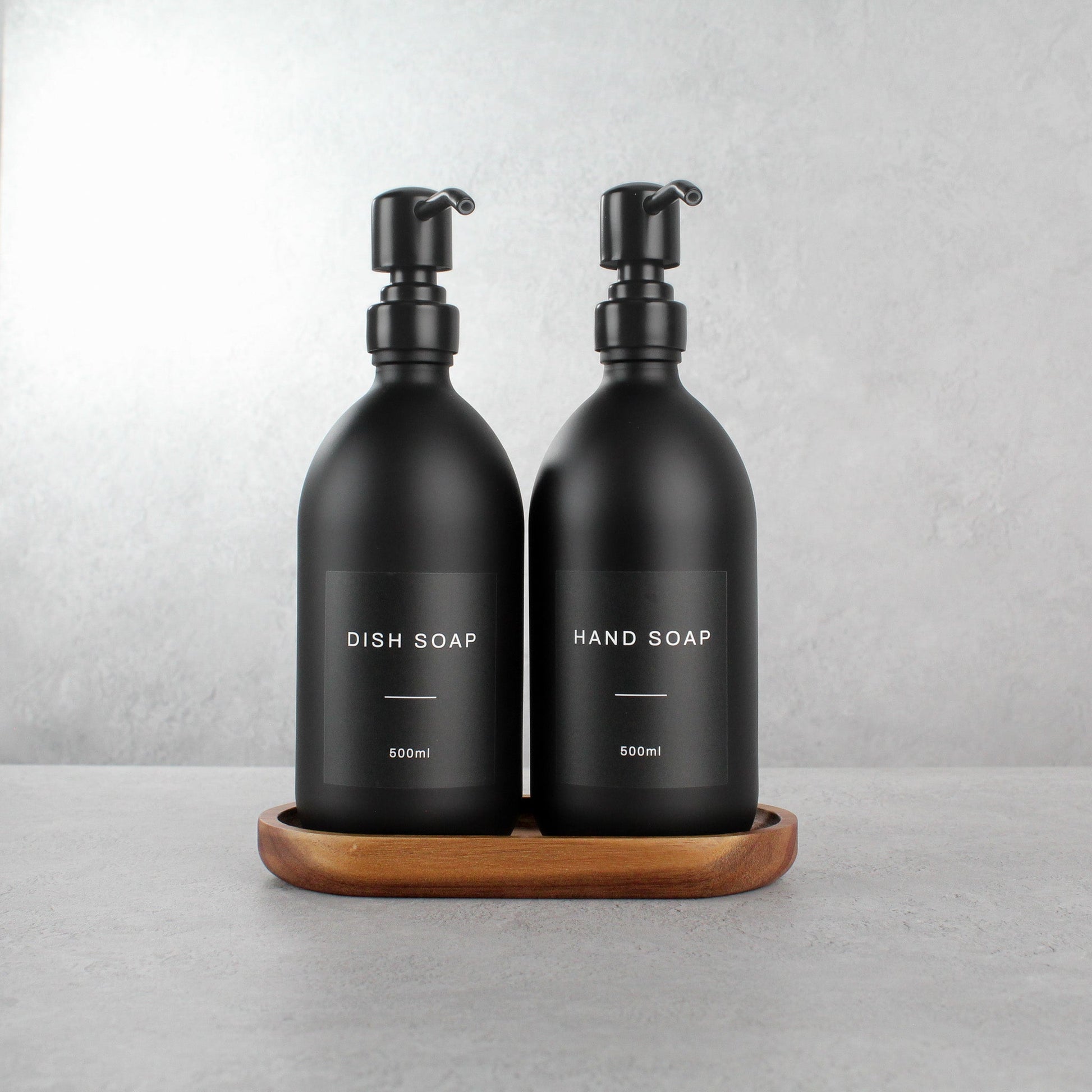 Namie Matte Black Glass Soap Dispenser Double Set with Acacia Wood Tray