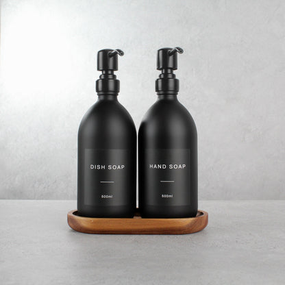 Namie Matte Black Glass Soap Dispenser Double Set with Acacia Wood Tray