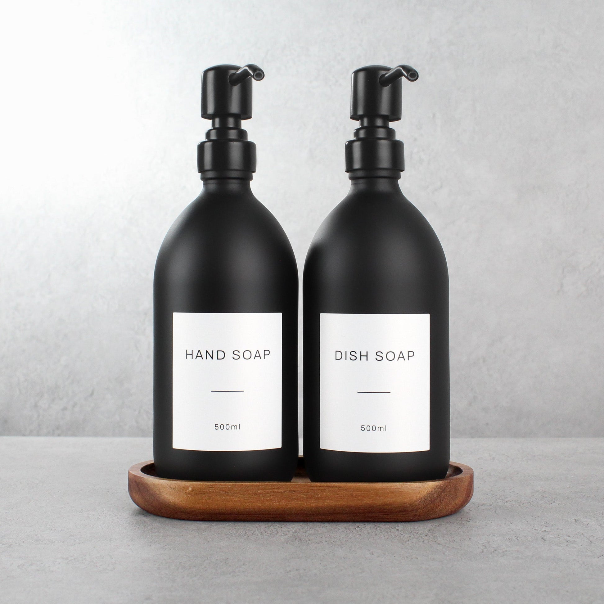 Namie Matte Black Glass Soap Dispenser Double Set with Acacia Wood Tray