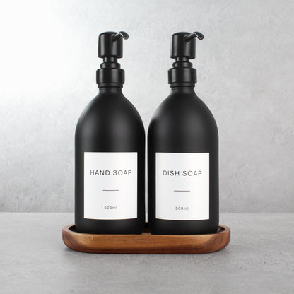 Namie Matte Black Glass Soap Dispenser Double Set with Acacia Wood Tray