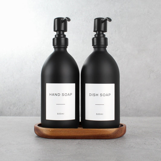 Namie Matte Black Glass Soap Dispenser Double Set with Acacia Wood Tray