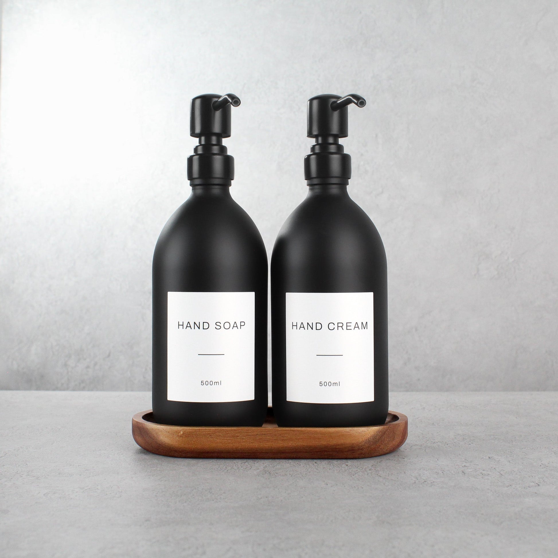 Namie Matte Black Glass Soap Dispenser Double Set with Acacia Wood Tray