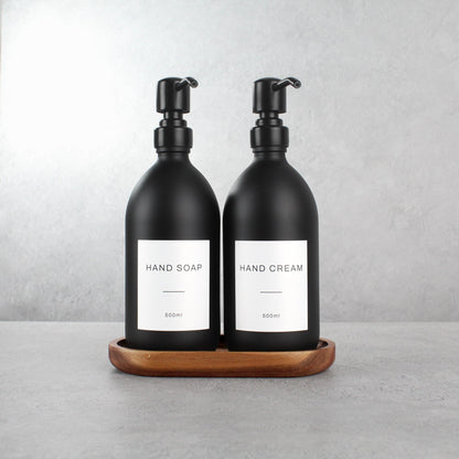 Namie Matte Black Glass Soap Dispenser Double Set with Acacia Wood Tray