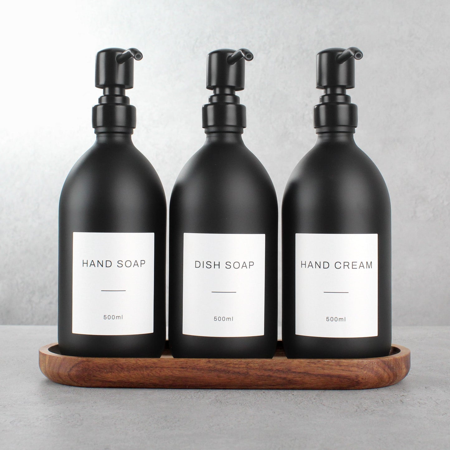 Namie Matte Black Glass Soap Dispenser Triple Set with Acacia Wood Tray