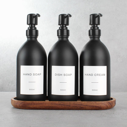 Namie Matte Black Glass Soap Dispenser Triple Set with Acacia Wood Tray