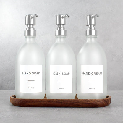 Namie Frosted White Glass Soap Dispenser Triple Set with Acacia Wood Tray