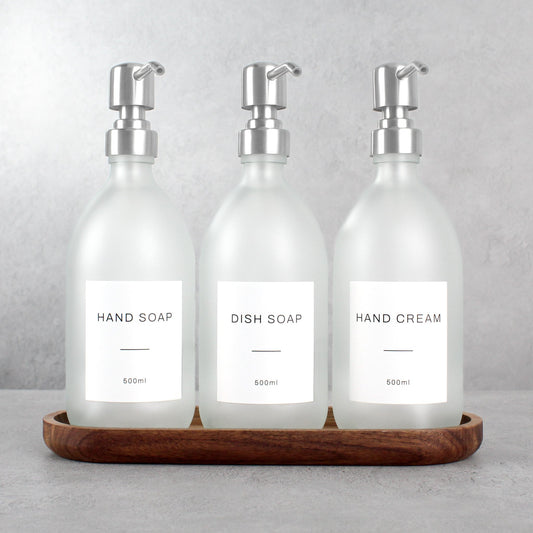Namie Frosted White Glass Soap Dispenser Triple Set with Acacia Wood Tray