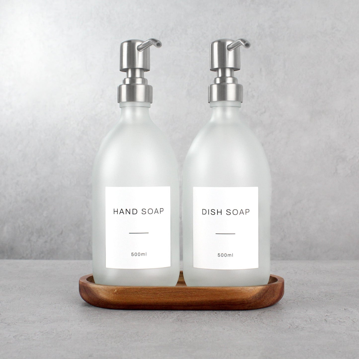 Namie Frosted White Glass Soap Dispenser Double Set with Acacia Wood Tray