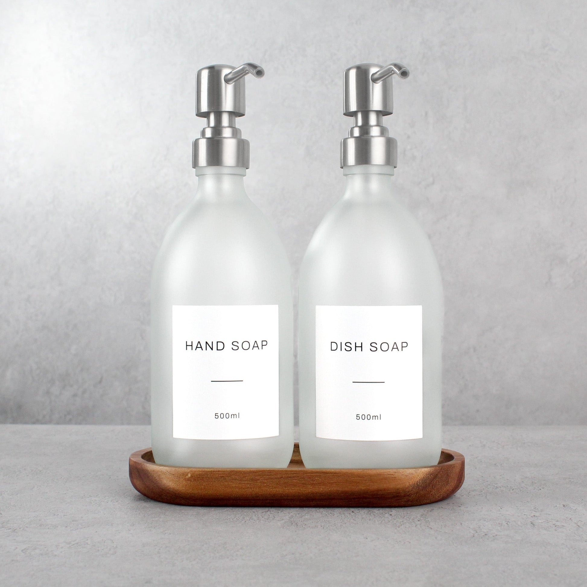 Namie Frosted White Glass Soap Dispenser Double Set with Acacia Wood Tray