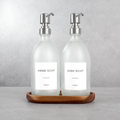 Namie Frosted White Glass Soap Dispenser Double Set with Acacia Wood Tray
