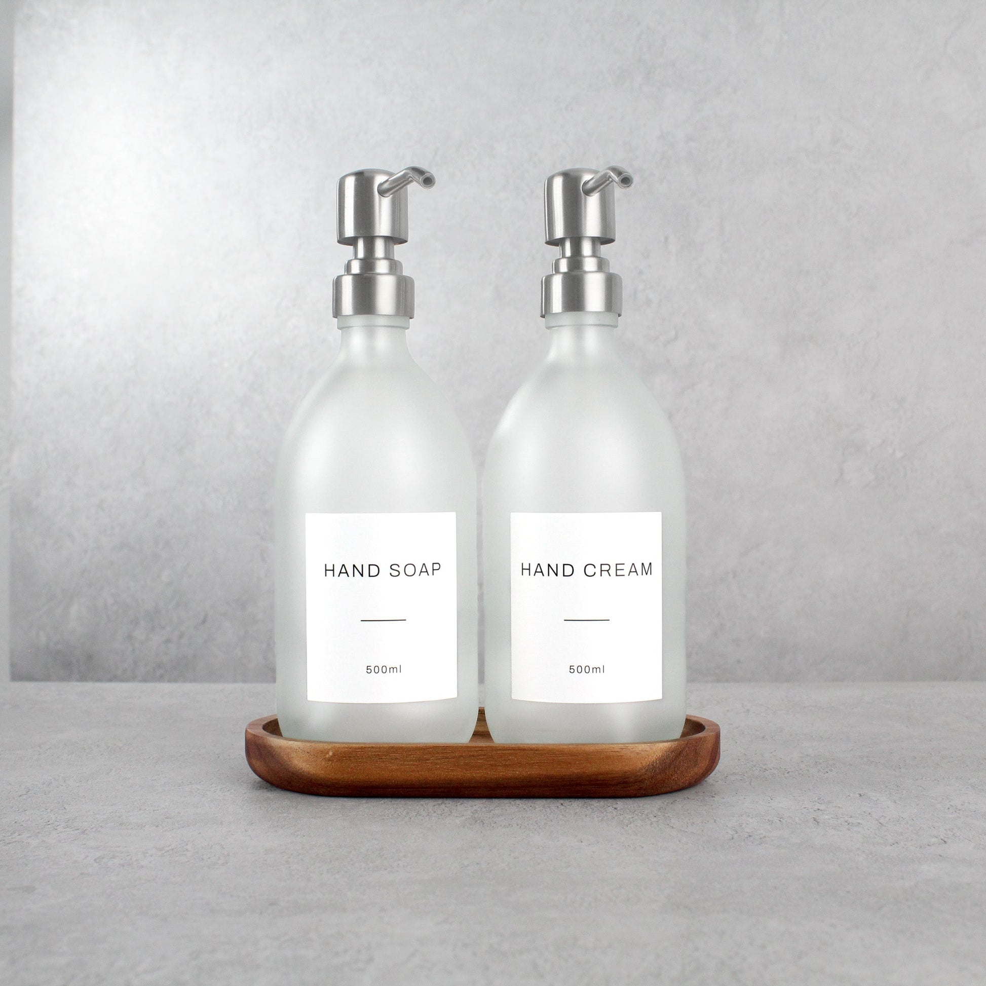 Namie Frosted White Glass Soap Dispenser Double Set with Acacia Wood Tray