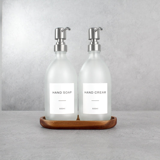 Namie Frosted White Glass Soap Dispenser Double Set with Acacia Wood Tray