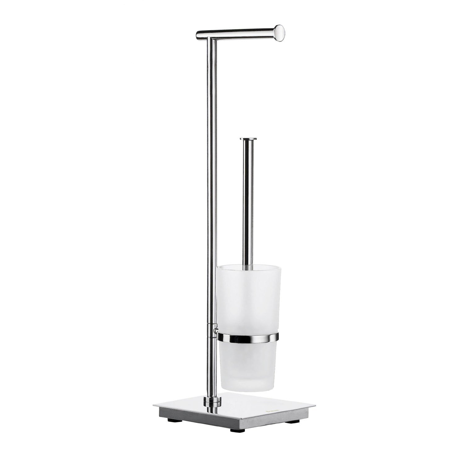 Smedbo Outline Lite FK603 Freestanding Toilet Butler — Polished Stainless Steel Square Base with Frosted Glass Brush Container and Cantilever Roll Arm, 600 mm Tall