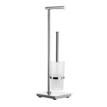 Smedbo Outline Lite FK603 Freestanding Toilet Butler — Polished Stainless Steel Square Base with Frosted Glass Brush Container and Cantilever Roll Arm, 600 mm Tall