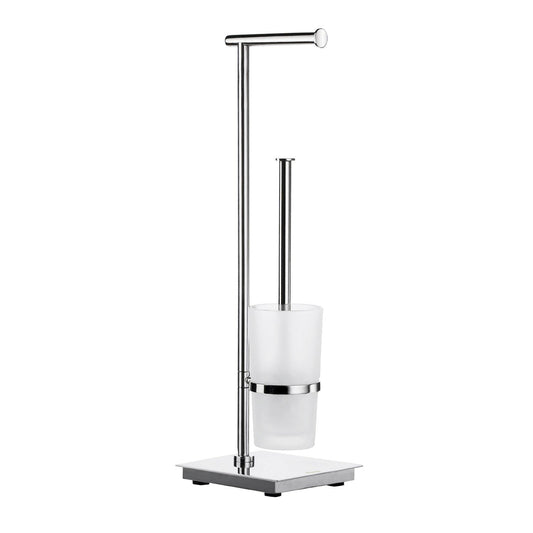 Smedbo Outline Lite FK603 Freestanding Toilet Butler — Polished Stainless Steel Square Base with Frosted Glass Brush Container and Cantilever Roll Arm, 600 mm Tall