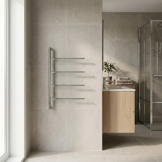 Smedbo Outline Lite FK634 Swing Arm Towel Rail in bathroom setting against beige tiles