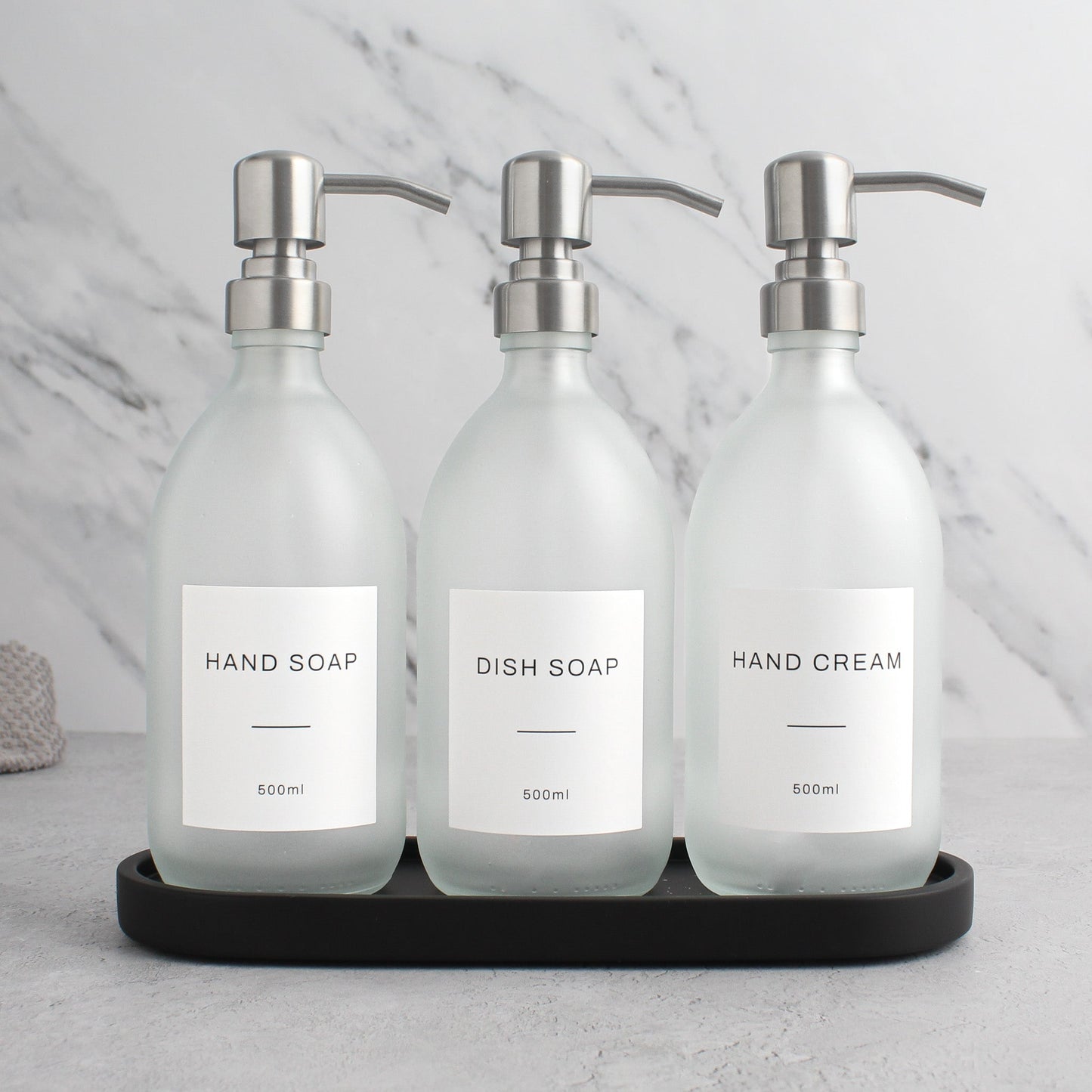 Namie Black Tray & Frosted White Dispenser Triple Set