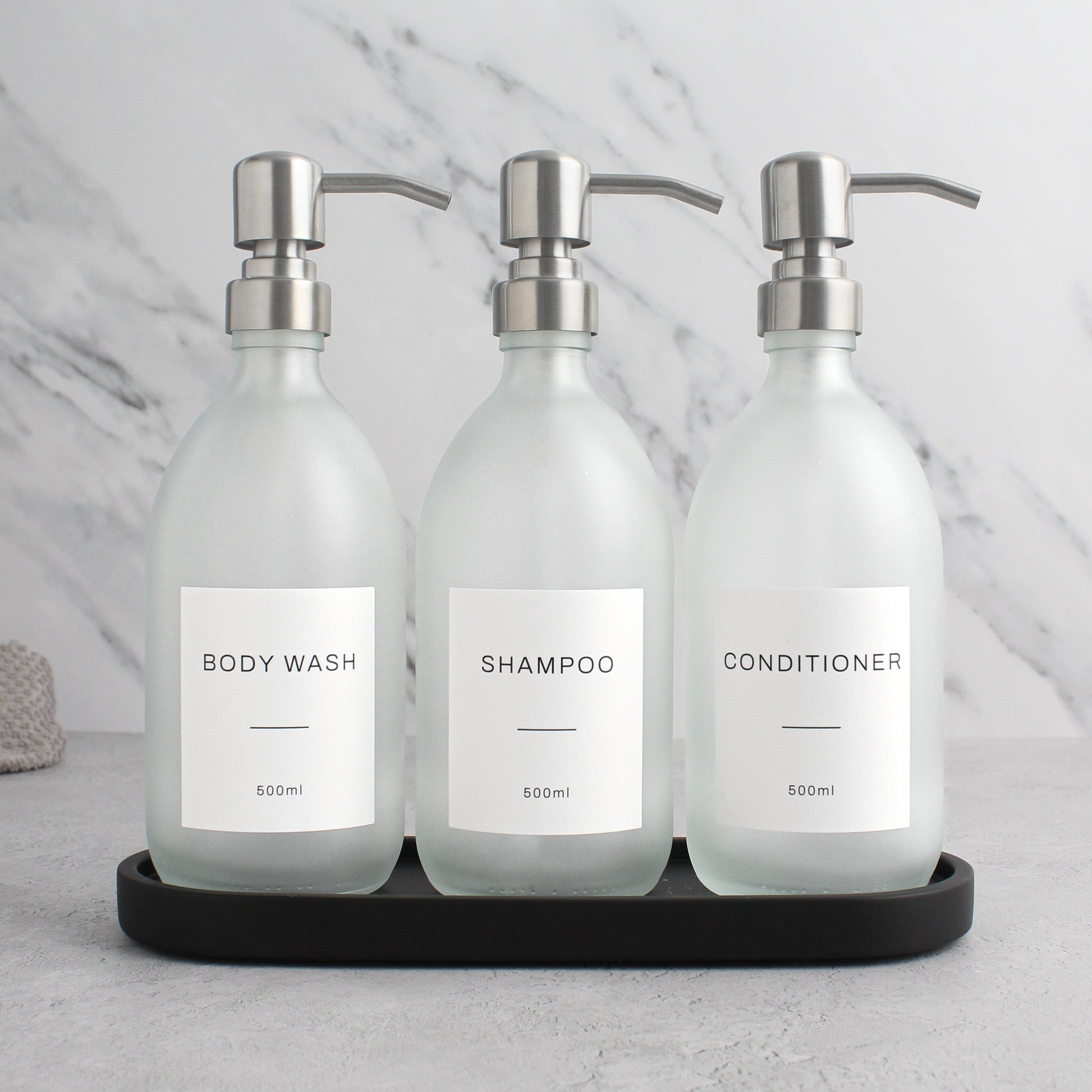 Namie Black Tray & Frosted White Dispenser Triple Set