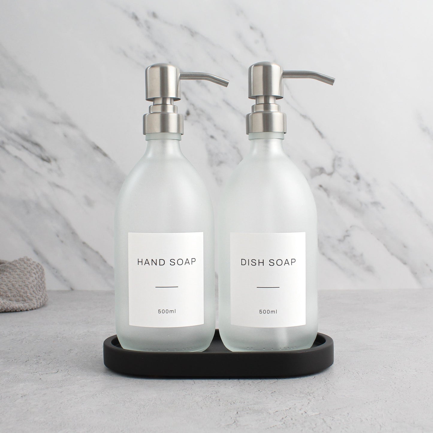 Frosted White Glass Soap Dispenser Set with Black Concrete Tray