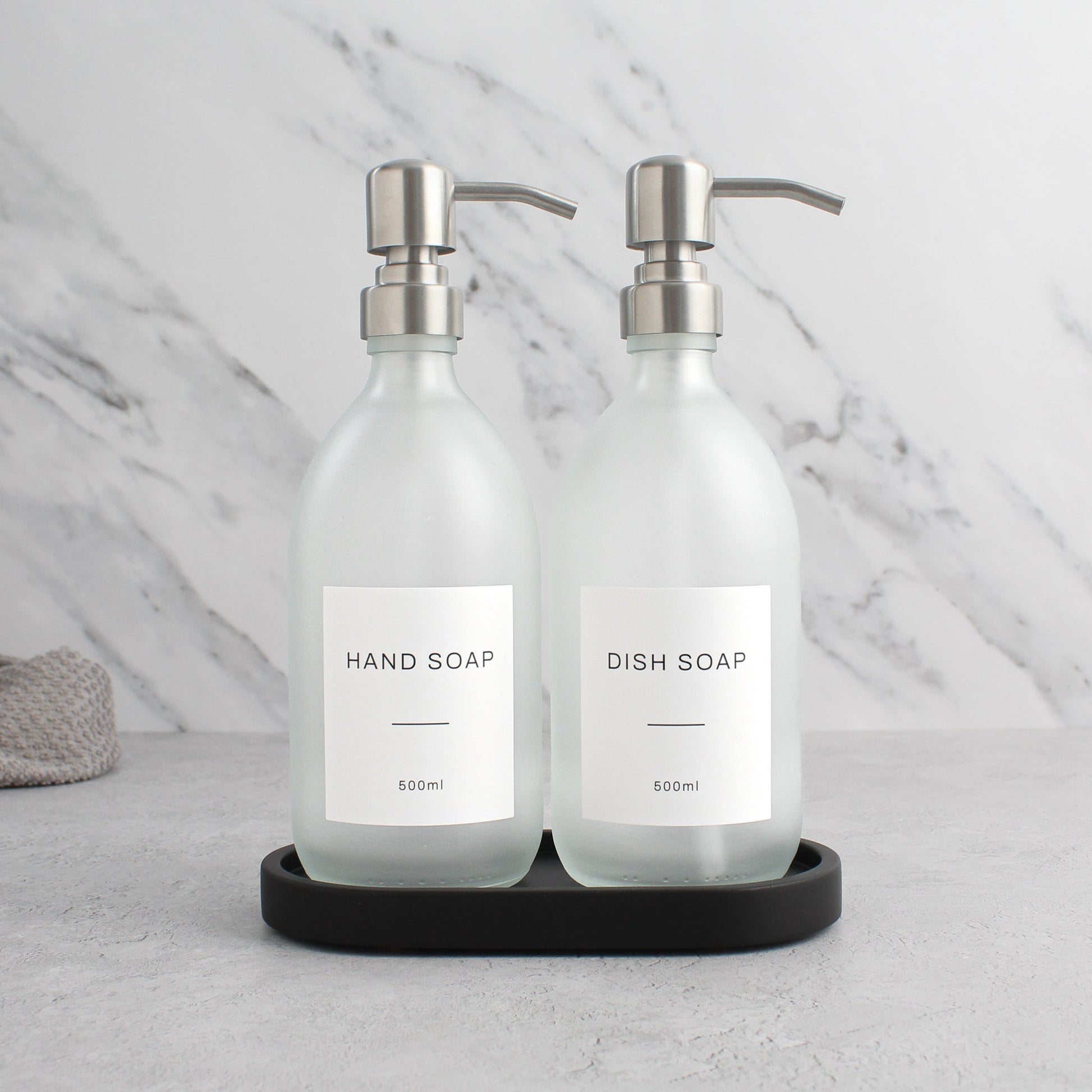 Frosted White Glass Soap Dispenser Set with Black Concrete Tray