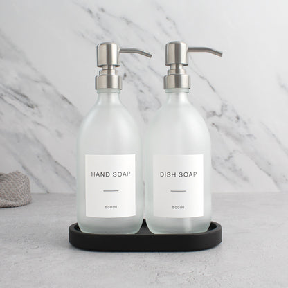 Frosted White Glass Soap Dispenser Set with Black Concrete Tray