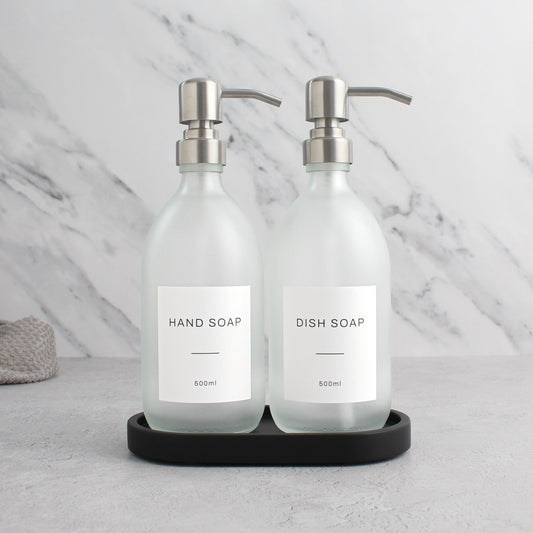 Frosted White Glass Soap Dispenser Set with Black Concrete Tray
