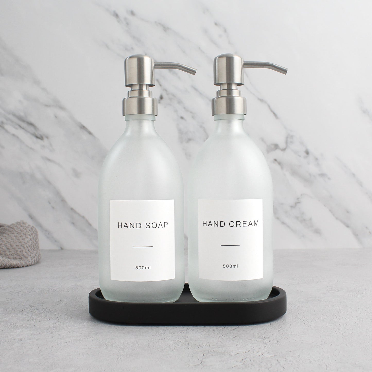 Frosted White Glass Soap Dispenser Set with Black Concrete Tray