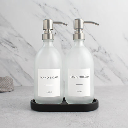 Frosted White Glass Soap Dispenser Set with Black Concrete Tray
