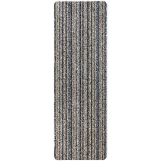 Striped rug with blue and grey pattern on a white background