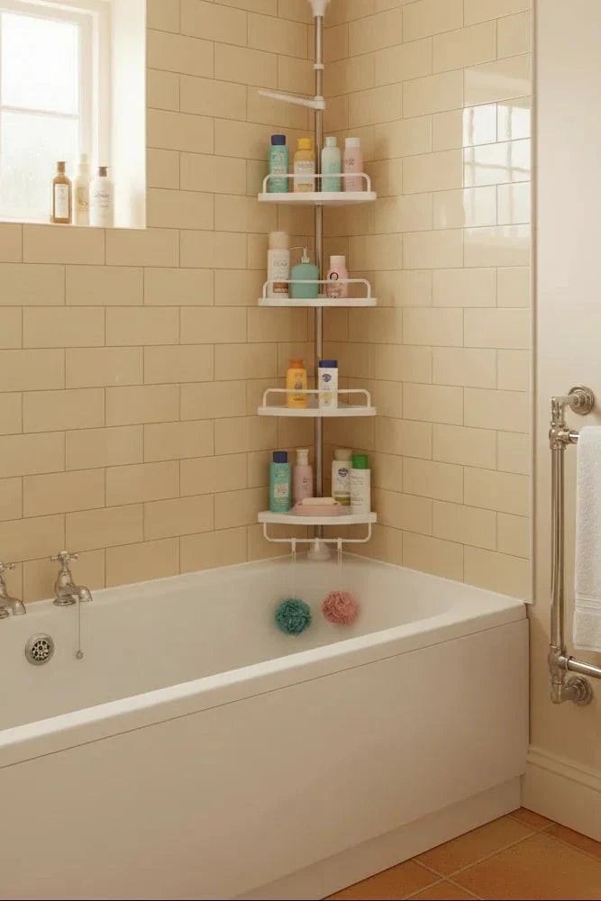 Triangle Telescopic Corner Shower Rack - 4-Tier Space-Saving Storage