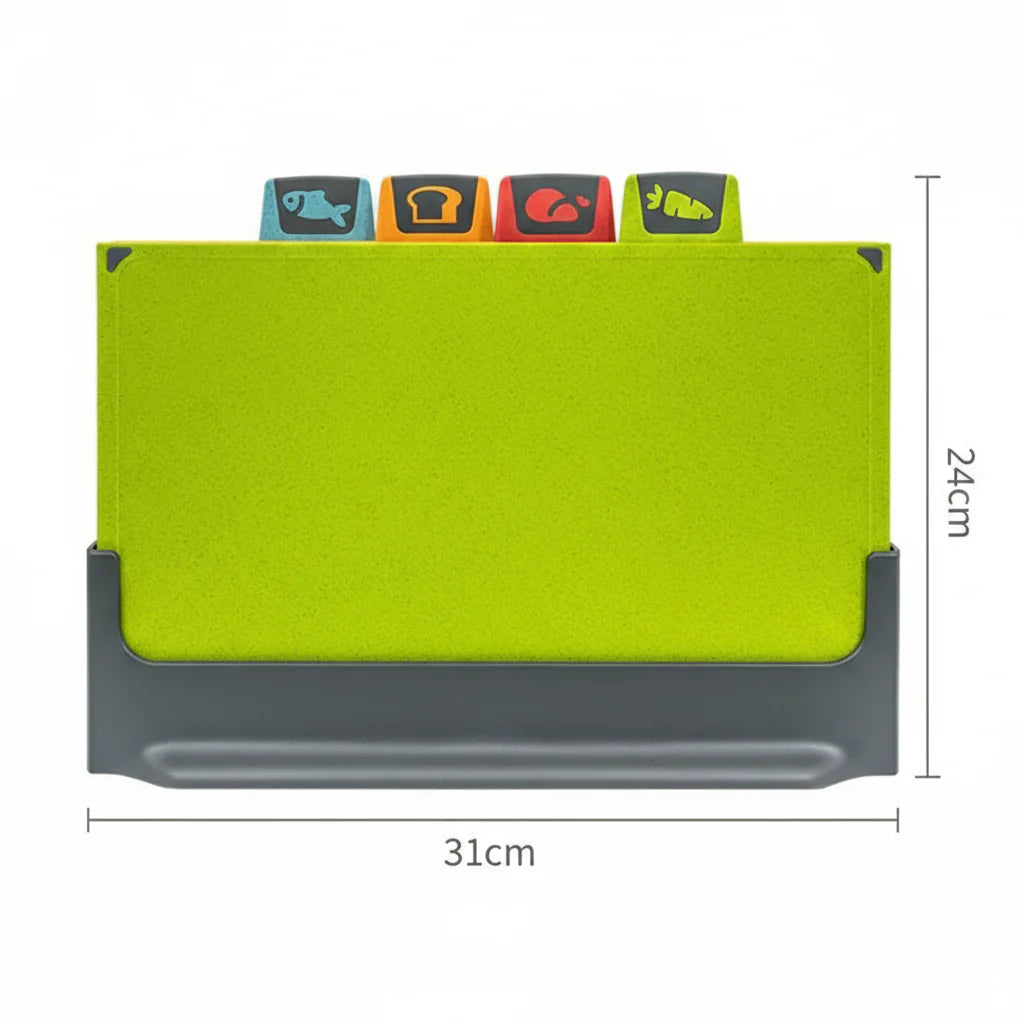 Green chopping board with colourful labels on a white background
