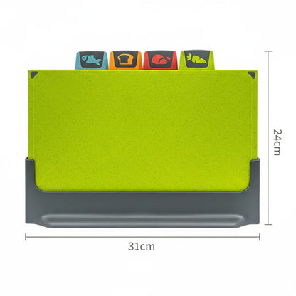Green chopping board with colourful labels on a white background