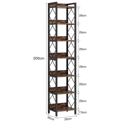 200cm Slim 6-Tier Industrial Bookshelf - Rustic Wood & Black Metal Display Tower